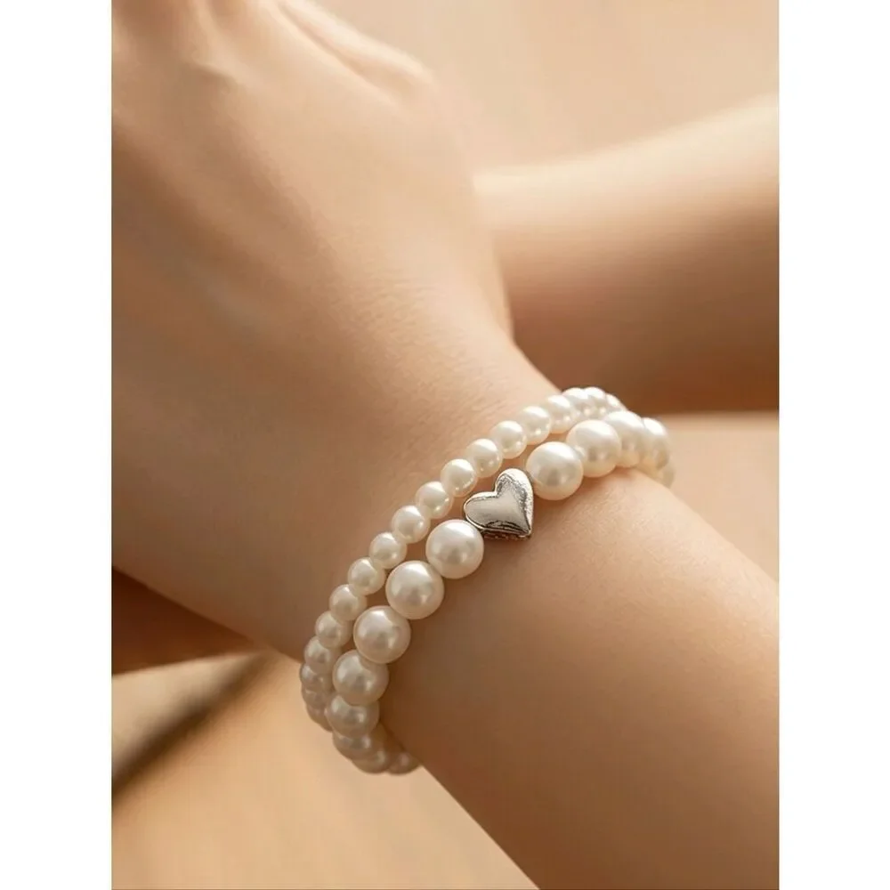 2pcs - Elegant Pearl Beaded Bracelet Stack Silver Heart Charm Layer Jewelry Set
